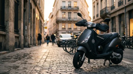 Scooter moderne équipé pour l'usage quotidien, avec accessoires de protection contre les intempéries