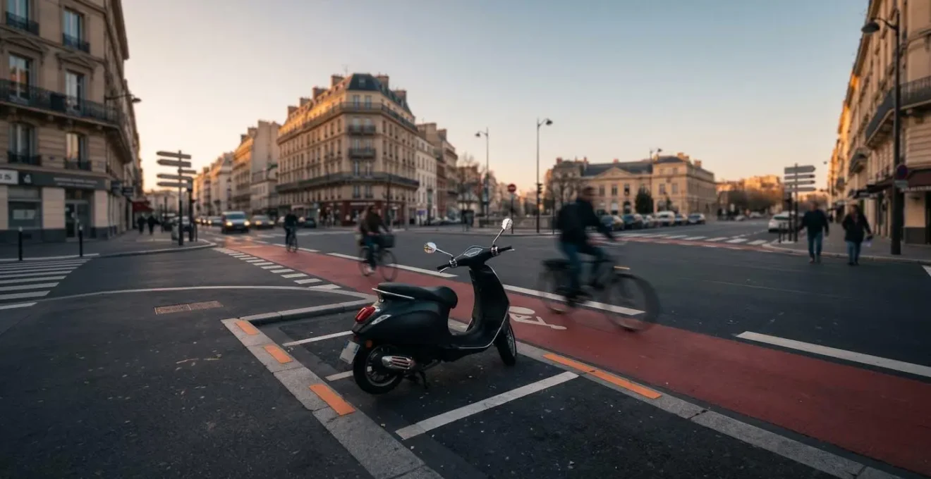 Scooter et cyclistes partageant l'espace urbain près d'une piste cyclable