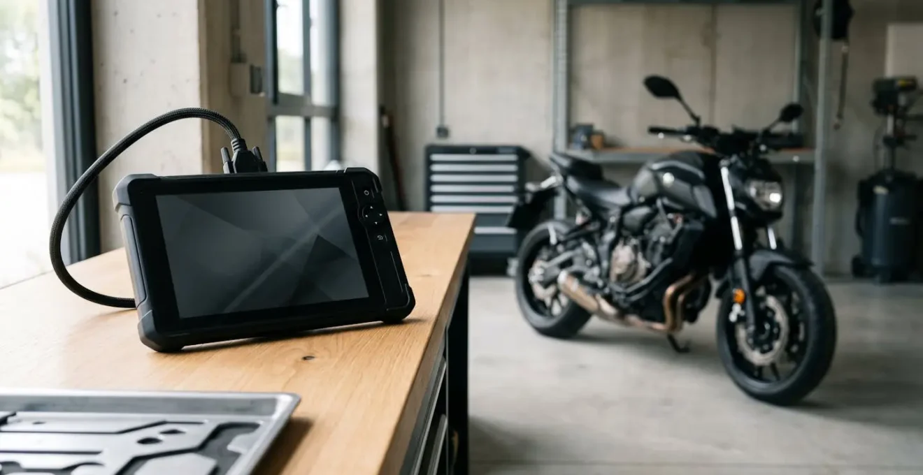 Valise de diagnostic OBD2 professionnelle branchée sur un scooter moderne dans un atelier