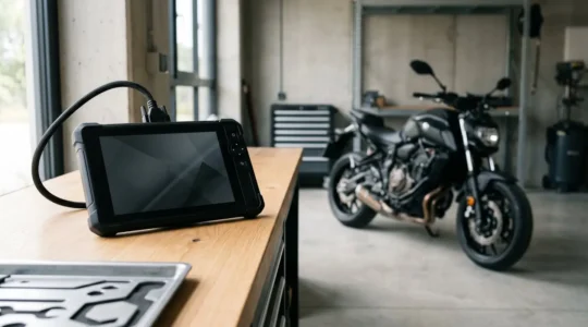 Valise de diagnostic OBD2 professionnelle branchée sur un scooter moderne dans un atelier