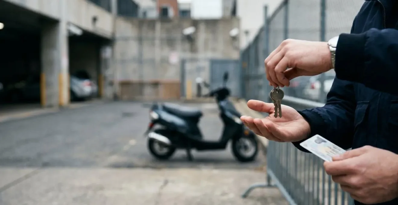 Scène évoquant la vigilance lors d'une transaction de scooter entre particuliers dans un espace sécurisé