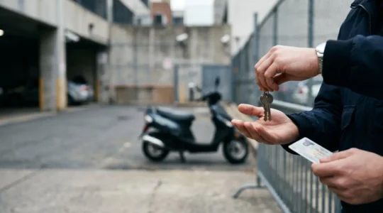 Scène évoquant la vigilance lors d'une transaction de scooter entre particuliers dans un espace sécurisé
