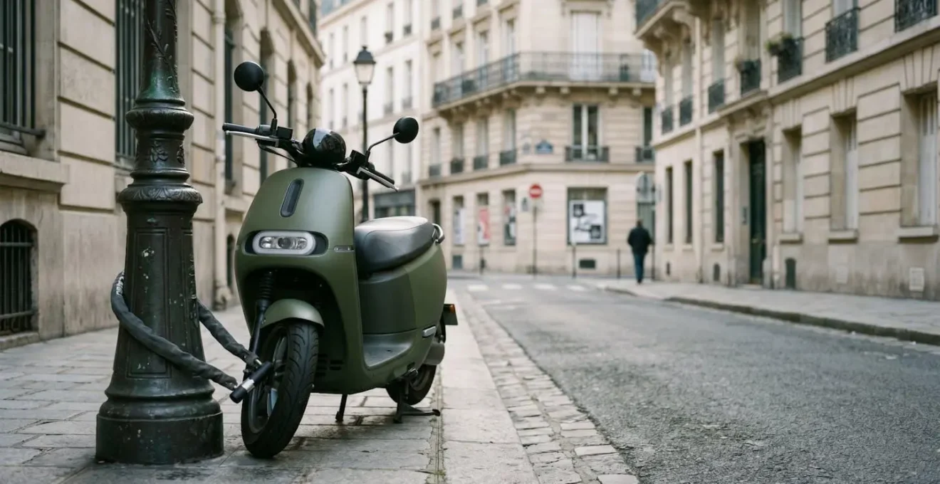 Scooter sécurisé avec antivol dans un environnement urbain français