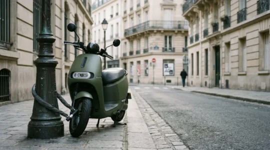 Scooter sécurisé avec antivol dans un environnement urbain français